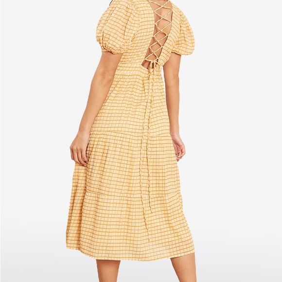 NWT Yellow Checked Tiered Midi Dress - Picture 2 of 7